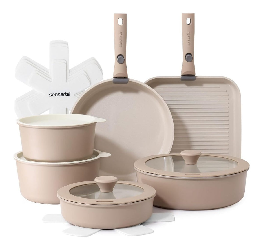SENSARTE Batterie du Cuisine 17 Pièces Tous Feux Compatible Induction Revêtement antiadhésif dans céramique casseroles et poêles poignées amovibles empilable adaptable lavevaisselle/four