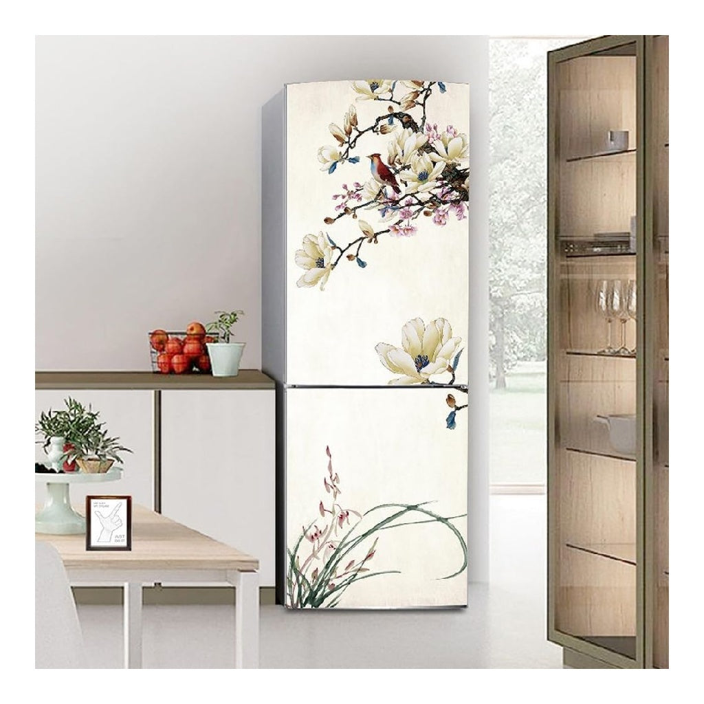 pour autocollants Stickers frigo de réfrigérateur couvrant entièrement la porte du réfrigérateurs muraux en peau destiné à décalcomanie du cuisine peinture chinoise fleur et oiseau