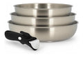 MENASTYL du Lot 3 poêles inox 18/10 amovibles Iris Inox sans PFAS Tous feux dont induction four réfrigérateur et lavevaisselle Empilables et résistantes Poignée double sécurité