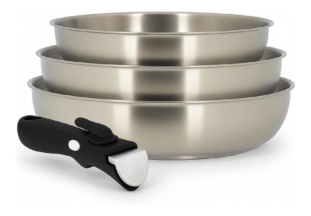 MENASTYL du Lot 3 poêles inox 18/10 amovibles Iris Inox sans PFAS Tous feux dont induction four réfrigérateur et lavevaisselle Empilables et résistantes Poignée double sécurité
