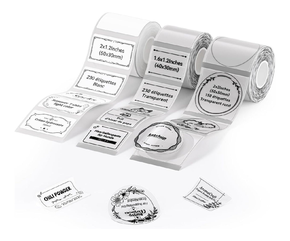 3 NIIMBOT Rouleaux d'étiquettes B1/B2/B21/B3S/B31/B4/K3 50x30mm Blanc40x30mmTransparent50x50mm Transparent étiquetage cuisine beauté boutique ainsi que organisation